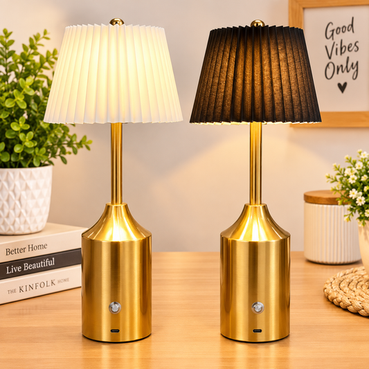 Rechargeable Brass Table Lamp with Pleated Shade