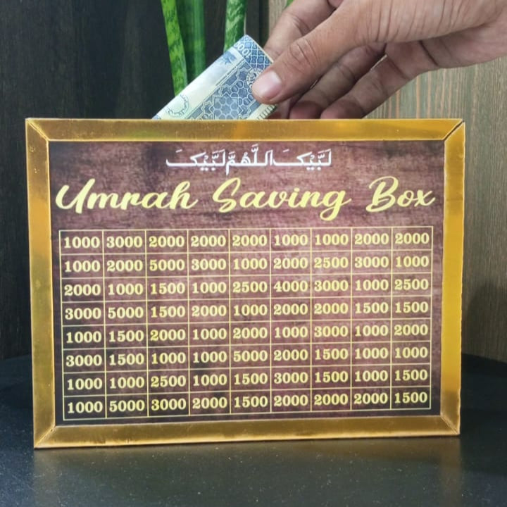 Umrah Saving Box – Wooden Money Saving Bank with Target Chart