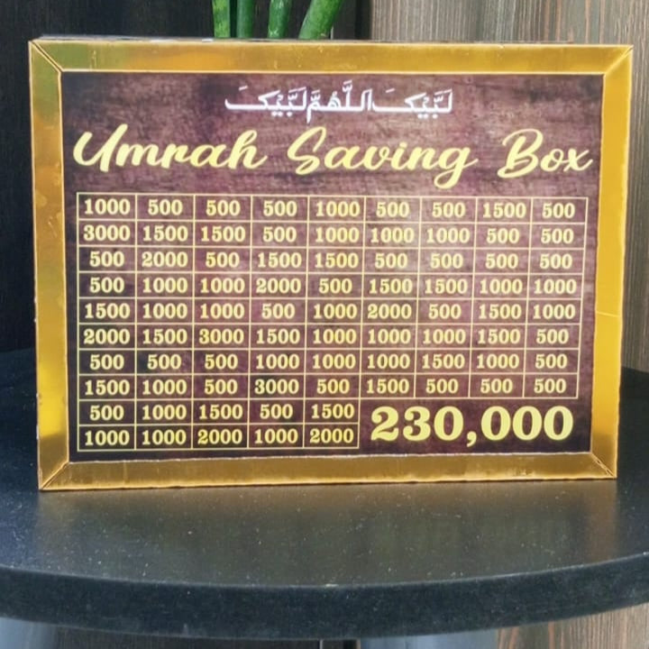 Umrah Saving Box – Wooden Money Saving Bank with Target Chart