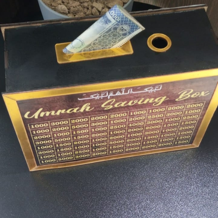 Umrah Saving Box – Wooden Money Saving Bank with Target Chart