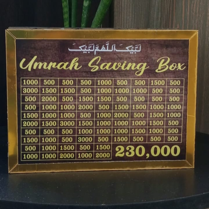 Umrah Saving Box – Wooden Money Saving Bank with Target Chart