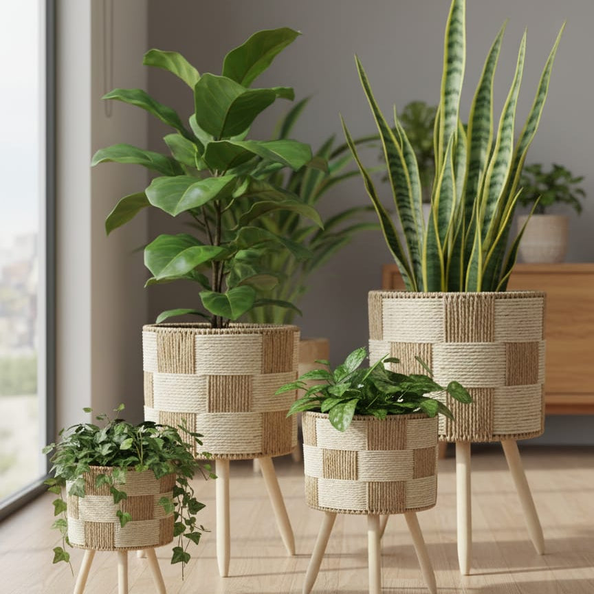 Handwoven Wooden Plant Stand Planter Set – Modern Indoor Flower Pots(Pack of 3)