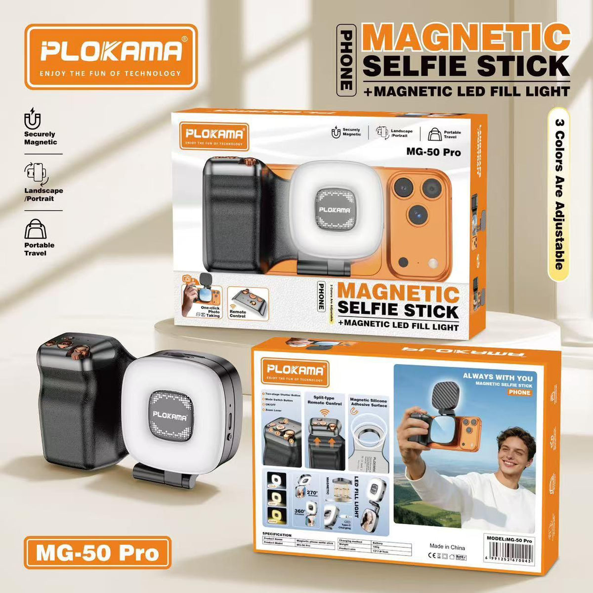 Plokama MG-50 Pro Magnetic Selfie Stick with LED Fill Light
