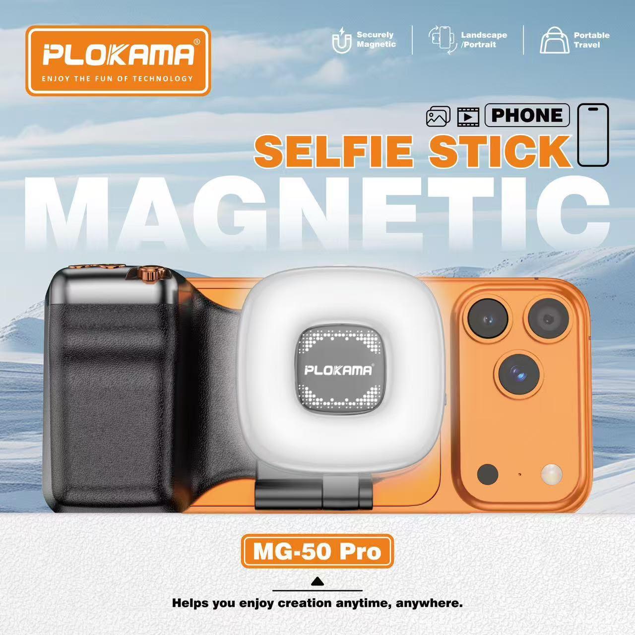 Plokama MG-50 Pro Magnetic Selfie Stick with LED Fill Light