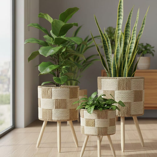 Handwoven Wooden Plant Stand Planter Set – Modern Indoor Flower Pots(Pack of 3)