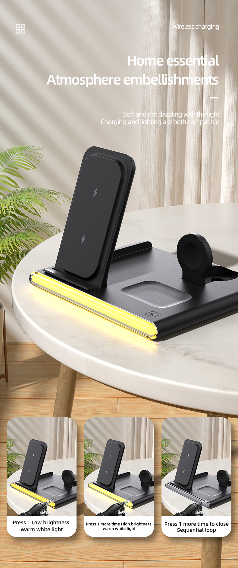 3-in-1 Wireless Charging Station with LED Light – Sleek Design for All Your Devices