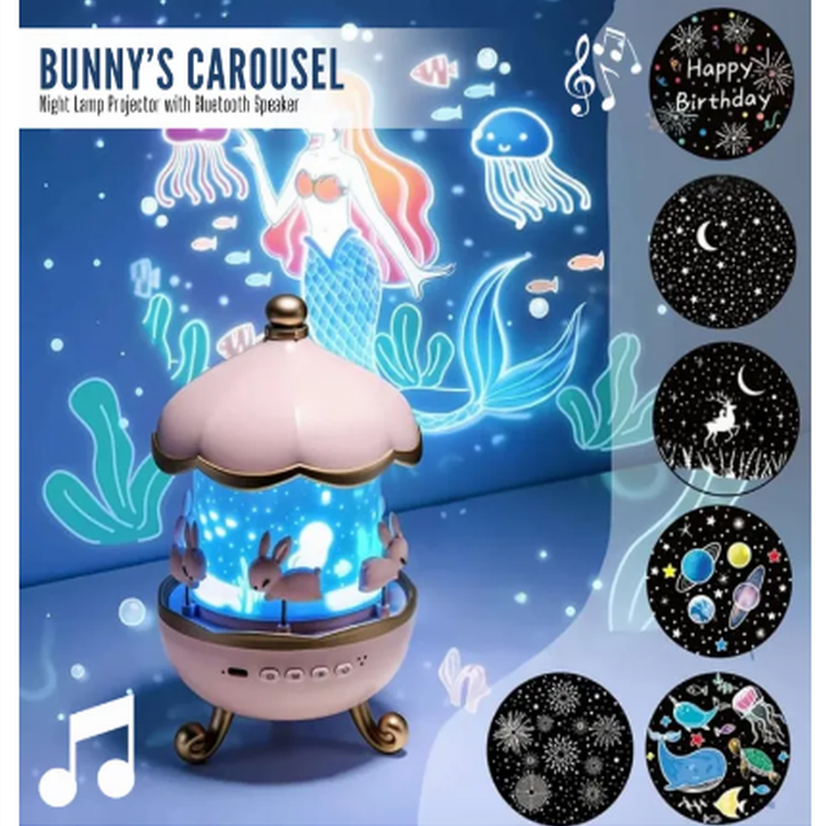 Bunny Carousel Night Lamp Projector with Bluetooth Speaker & 3-Color A ...