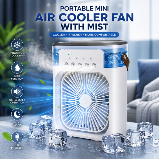 Portable Mini Air Cooler Fan with Mist – Ultra-Quiet Cooling Fan with Water Tank & Night Mode