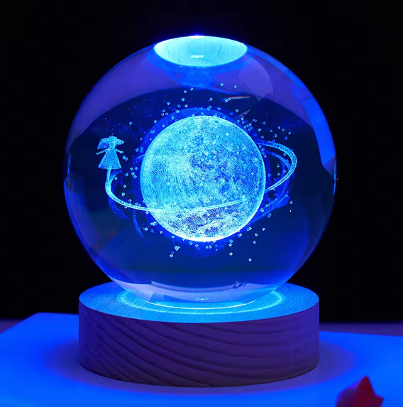 3D Crystal Galaxy Ball Night Lamp with Wooden Base (6cm) - Solar System - Moon - Earth - Heart Cloud - Crescent -Moon Walk