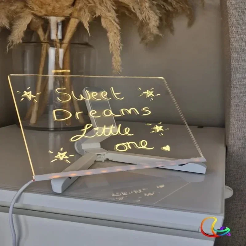 LED Light-Up Message Board with Markers – Colorful DIY Acrylic Writing Pad with Stand & Erasable Pens for Kids, Decor & Notes