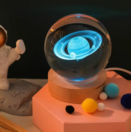 3D Crystal Galaxy Ball Night Lamp with Wooden Base (6cm) - Solar System - Moon - Earth - Heart Cloud - Crescent -Moon Walk