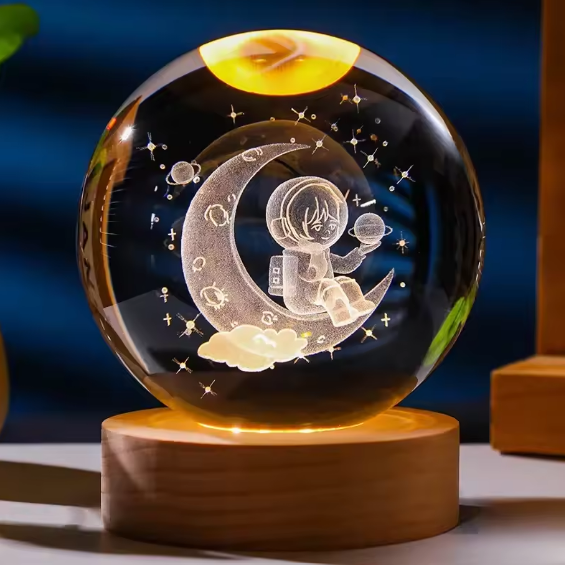 3D Crystal Galaxy Ball Night Lamp with Wooden Base (6cm) - Solar System - Moon - Earth - Heart Cloud - Crescent -Moon Walk